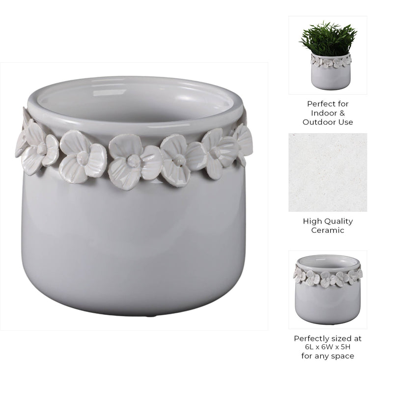 Ceramic Round Floral Applique Planter | 6 in.