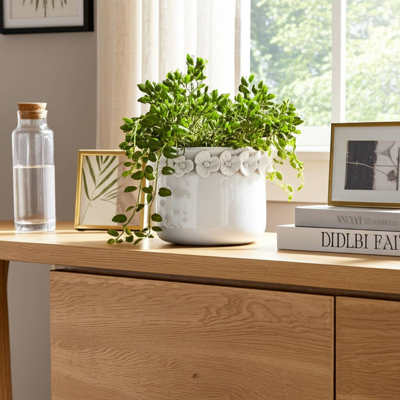 Ceramic Round Floral Applique Planter | 6 in.