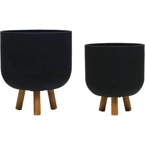 Metal Planters w/ Wood Legs, Black & Natural