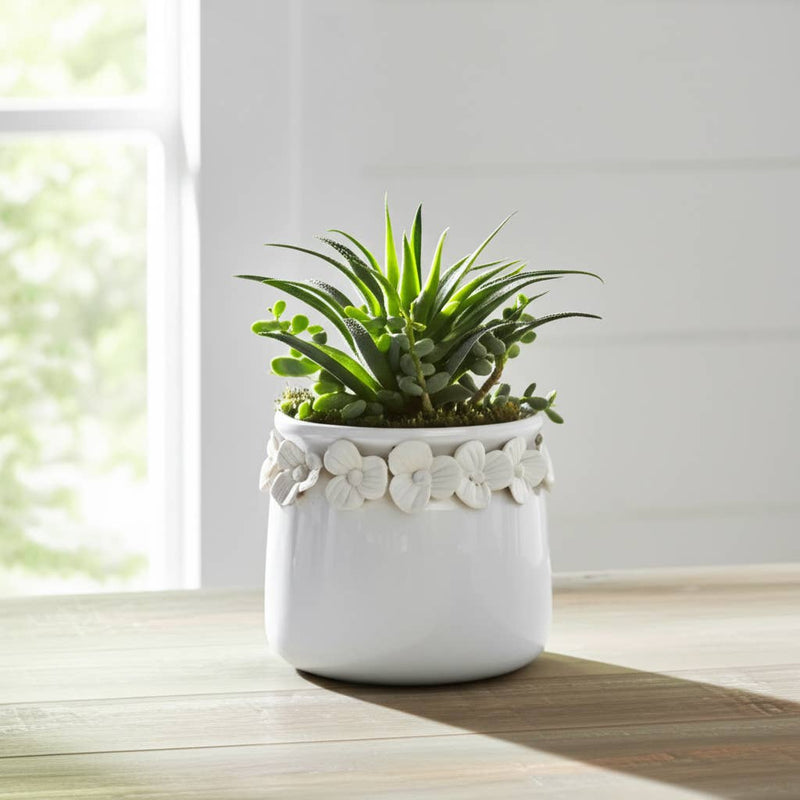Ceramic Round Floral Applique Planter | 6 in.