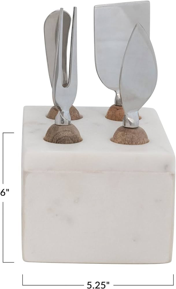 Stainless Steel Cheese Servers w/ Mango Wood Handles & Marble Stand