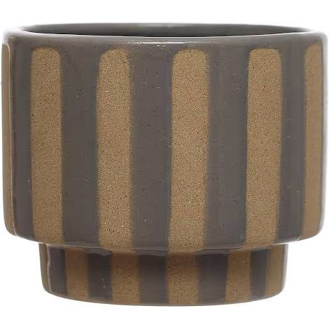 Stoneware Planter w/ Wax Relief Stripes, Lilac Color & Brown (Holds 4" Pot)