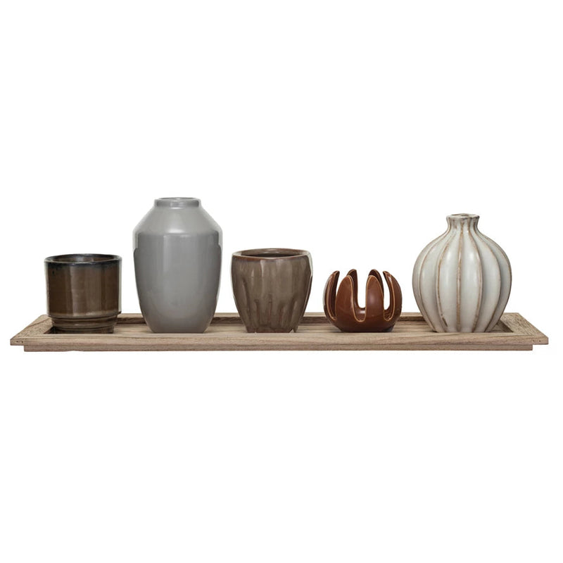 Wood Tray w/ 5 Stoneware Vases/Votive Holders, Set