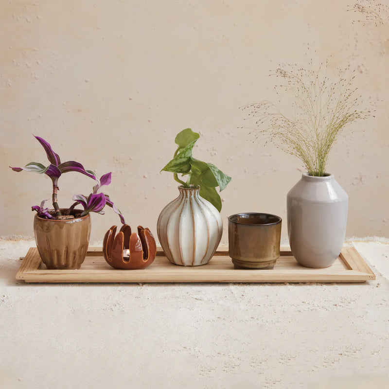 Wood Tray w/ 5 Stoneware Vases/Votive Holders, Set