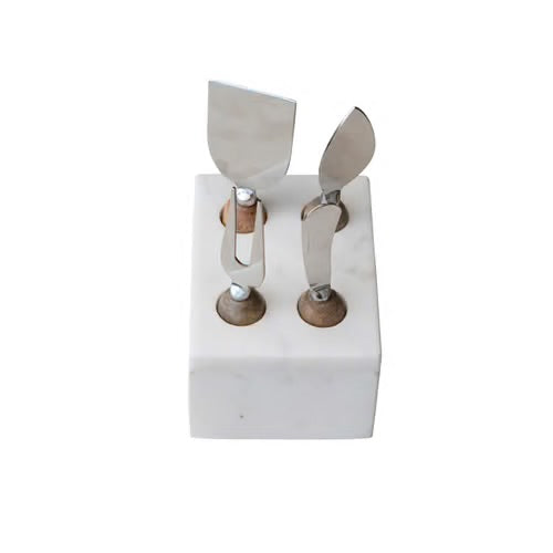 Stainless Steel Cheese Servers w/ Mango Wood Handles & Marble Stand