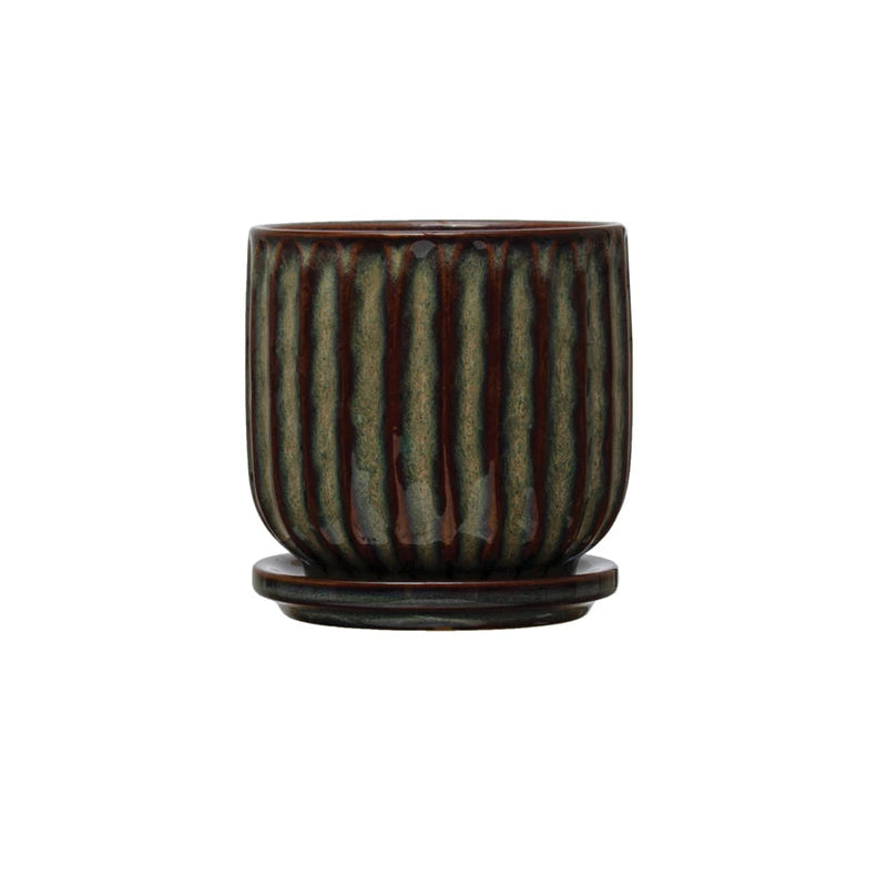 Stoneware Fluted Planter w/ Saucer (Reactive Glaze)