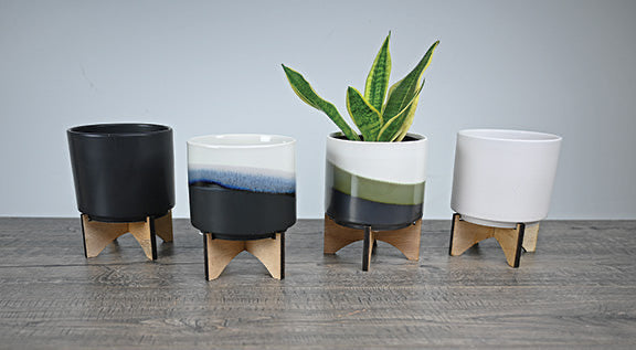 Planter: Cylinder with Wood Stand