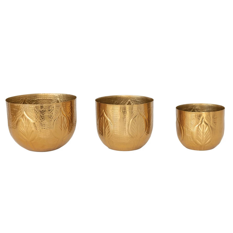 Debossed Metal Planters, Antique Gold Finish