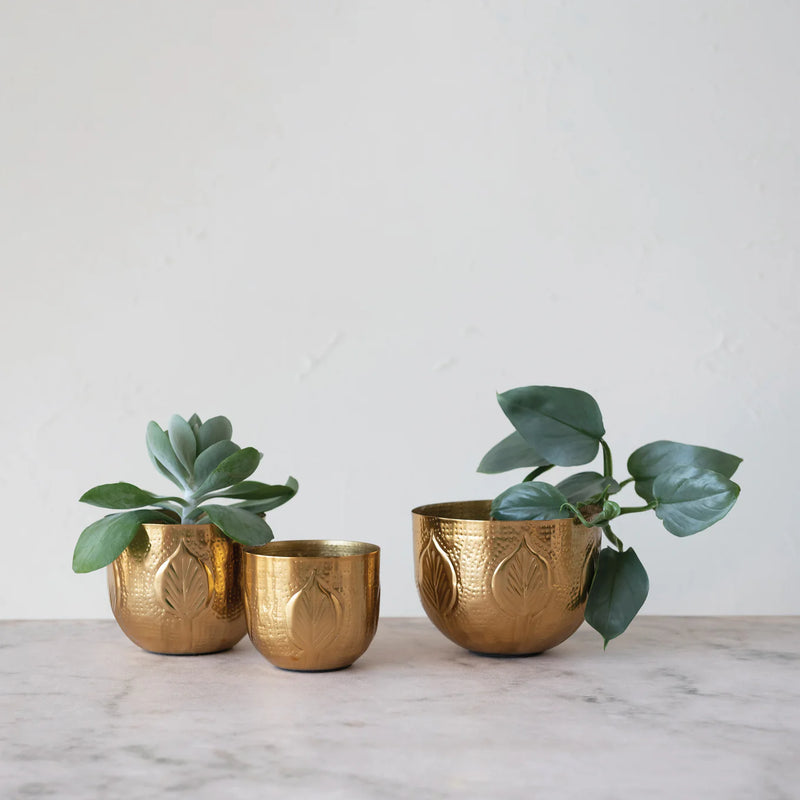 Debossed Metal Planters, Antique Gold Finish