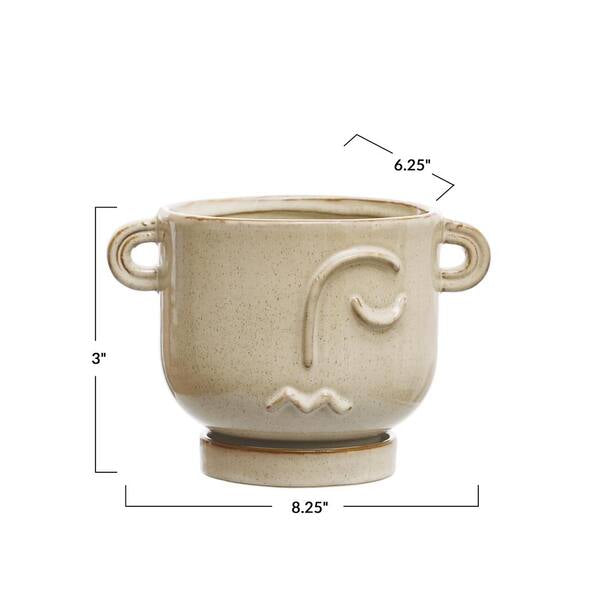 Stoneware Face Planter w/ Handles & Saucer (Holds 5” Pot)