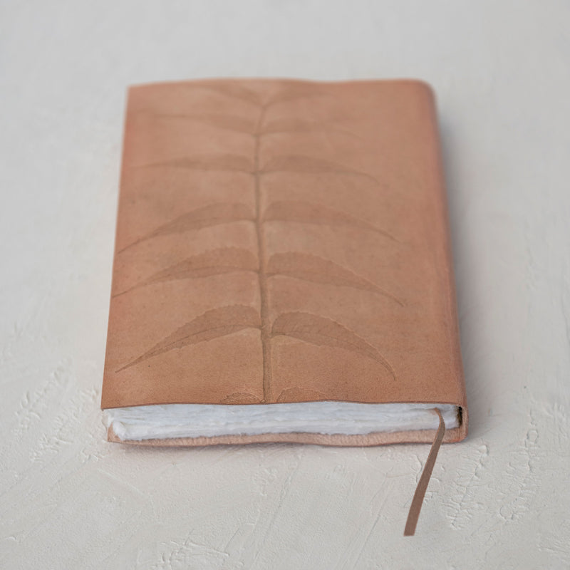 Handmade Leather Bound Paper Journal w/ Embossed Neem Leaves, Tan Color