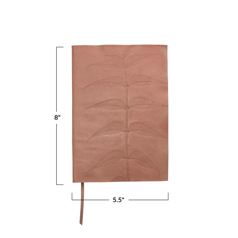 Handmade Leather Bound Paper Journal w/ Embossed Neem Leaves, Tan Color
