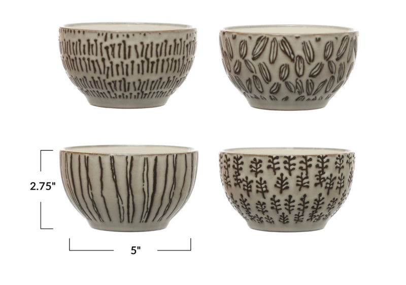 Stoneware Bowl w/ Wax Relief Pattern, 4 Styles