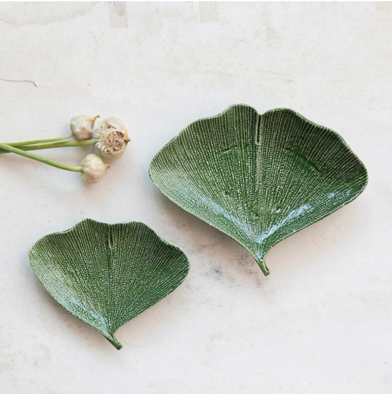 Debossed Stoneware Gingko Leaf Shaped Plates, Reactive Glaze, (Each One Will Vary)