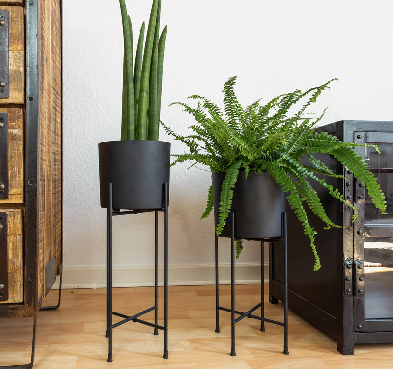 Black Metal Planters with Stand, 7 Inch Diameter