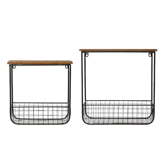 Wooden Wall Shelves with Metal Baskets