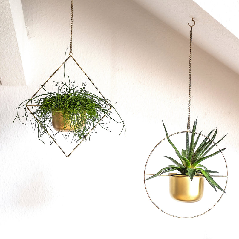 Gold Boho Hanging Planter, Geometric Metal Flower Pot