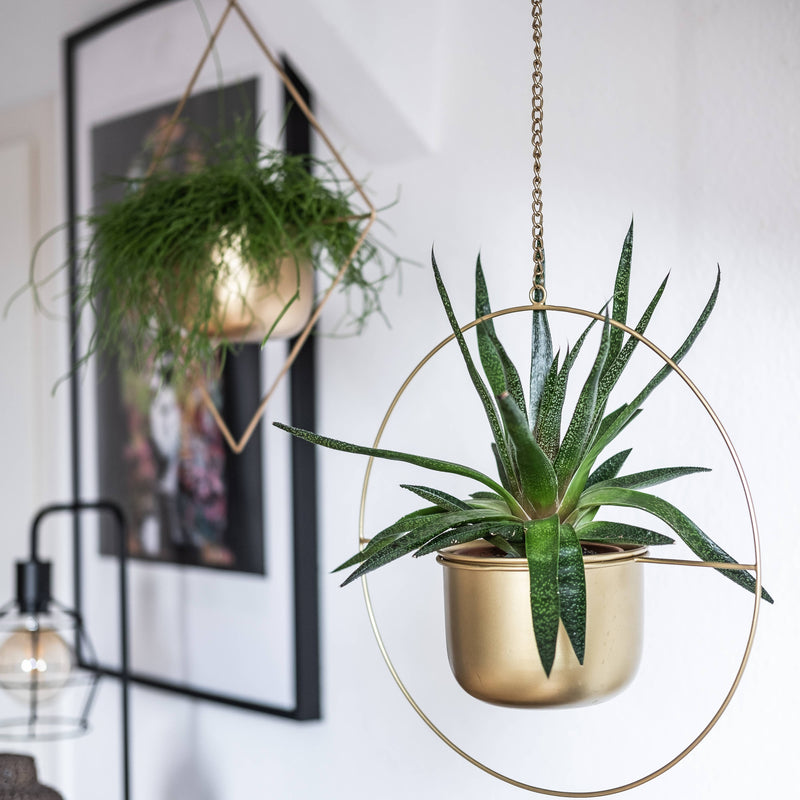 Gold Boho Hanging Planter, Geometric Metal Flower Pot